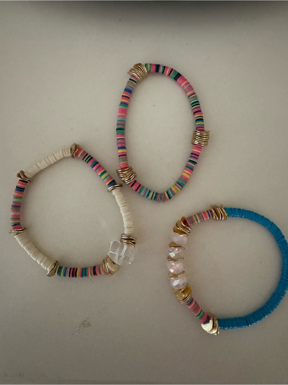 Handmade Multicolor Heishi Bead Stretch Bracelet - Pink, White & Blue